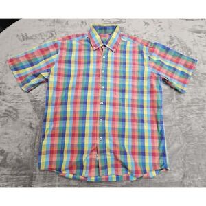 Alan Flusser Short Sleeve Button Up Shirt Colorful Plaid/Checkered Design Size L